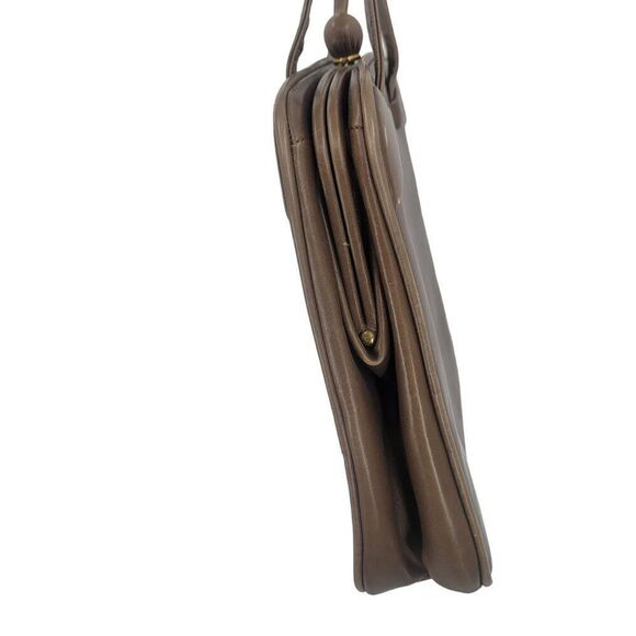 Vintage 60s 50s Brown Leather Handbag Framed Square Double Handles Satin Lining - Picture 6 of 11